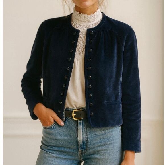 Vintage Blue Velvet  Boho Chic Streetwear Fitted Edwardian Puff Sleeve Large - Picture 3 of 12